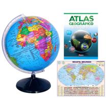 Globo Terrestre Político Giratório 43cm Altura + Atlas Geográfico + Mapa Mundi