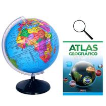 Globo Terrestre Político Giratório Mapa Mundi + Atlas Geográfico + Lupa