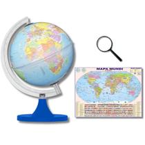 Globo Terrestre Político Luminoso Base Azul 21cm + Mapa Mundi + Lupa de Mão