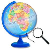 Globo Terrestre Político Luminoso Base Azul 30cm + Lupa de Mão