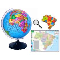 Globo Terrestre Politico + Mapa do Brasil Gigante + Quebra Cabeça Regiões Do Brasil + Lupa