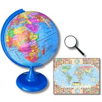 Globo Terrestre Político Studio Azul 30cm Diâmetro Com Mapa Mundi Gigante E Lupa
