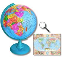 Globo Terrestre Político Verde Turquesa 30cm Diâmetro Com Mapa Mundi Gigante E Lupa