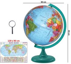 Globo Terrestre Político Verde Turquesa 30cm Diâmetro Com Mapa Mundi Gigante E Lupa