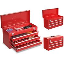 Goplus Tool Box com 3 gavetas, 20" Organizador de baú de ferramentas portáteis com trava de bloqueio & forro para casa de porta-malas de garagem, aço revestido de pó, vermelho