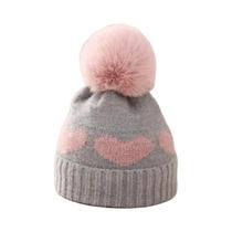 Gorro De Bebê Com Pompom De Pelo E Estampa De Coração, Tricotado, Quente Para Outono/Inverno,