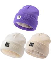 Gorro de bebê Hispeka, pacote com 3 pacotes, Smiley Face Winter, bege, branco e roxo