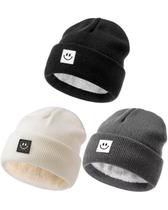 Gorro de bebê Hispeka, pacote com 3 pacotes, Smiley Face Winter, branco e cinza