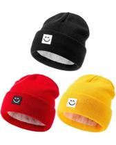 Gorro de bebê Hispeka, pacote com 3 pacotes, Smiley Face Winter, vermelho/amarelo/preto Gorro de bebê Hispeka, pacote com 3 pacotes, Smiley Face Winter, vermelho/amarelo/preto