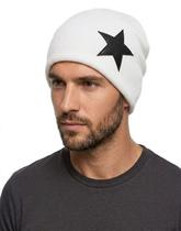 Gorro de Frio Feminino Branco Estrela Preta Touca de Lã Casual Confortável Estilo Blogueira
