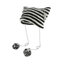 Gorro De Gato Com Orelhas De Diabo Listrado Y2K, Pulôver Tricotado Fofo Para Outono E Inverno