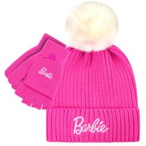 Gorro de inverno Barbie para mulheres com luvas, rosa tricotado