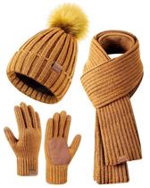 Gorro de inverno, cachecol, cachecol, conjunto de luvas FISFET para mulheres, amarelo