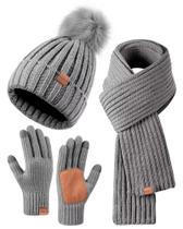 Gorro de inverno, cachecol, cachecol, conjunto de luvas FISFET para mulheres, cinza Gorro de inverno, cachecol, cachecol, conjunto de luvas FISFET para mulheres, cinza