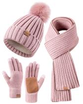 Gorro de inverno, cachecol, cachecol, conjunto de luvas FISFET para mulheres, rosa