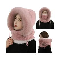 Gorro De Inverno Feminino De Pelúcia Quente E Grosso Com Capuz, Cachecol E Máscara, À Prova De