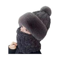 Gorro De Inverno Feminino Em Fleece Com Cachecol E Máscara Integrados, Boné Com Pom Pom Para