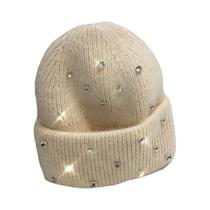 Gorro De Inverno Feminino Quente Com Pedrarias De Strass Estilo Coreano Em Lã De Pele De Coelho