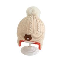 Gorro De Tricô Com Pompom De Urso Para Meninas E Meninos, Proteção Para as Orelhas, Quente Para