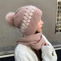 Gorro E Cachecol De Inverno Feminino Em Tricô, À Prova De Vento, Com Elástico E Protetores De Orelha