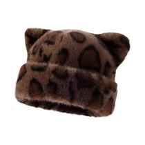 Gorro Feminino Com Capuz De Pelúcia Estampa De Leopardo, Quente E Grosso, Estilo Retrô Fofo