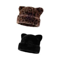 Gorro Feminino Com Capuz De Pelúcia Estampa De Leopardo, Quente E Grosso, Estilo Retrô Fofo