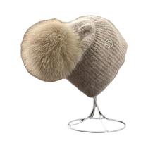 Gorro Feminino De Inverno Quente Com Pompom De Pele De Raposa, Touca De Malha Grossa Com Letra M Da Gorro Feminino De Inverno Quente Com Pompom De Pele De Raposa, Touca De Malha Grossa Com Letra M Da