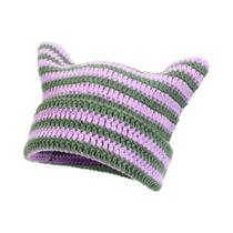 Gorro Feminino Quente De Crochê Com Orelhas De Gato Em Acrílico, Estilo Coreano, Listrado, Macio,