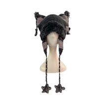 Gorro Feminino Quente De Tricô Artesanal Com Orelhas De Gato E Listras, Estilo Japonês Y2K Para