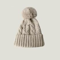 Gorro Feminino Quente De Tricô Grosso Com Pompom De Pele Sintética - Touca De Inverno Da Moda
