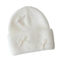 Gorro Feminino Y2K De Inverno Com Laço E Pérolas, Quente E Fofo, De Lã De Coelho Angorá, Gorro