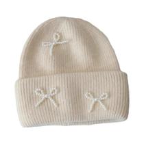 Gorro Feminino Y2K De Inverno Com Laço E Pérolas, Quente E Fofo, De Lã De Coelho Angorá, Gorro