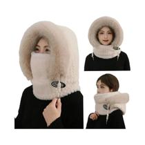 Gorro Térmico De Pelúcia Para Mulheres Com Capuz, Cachecol E Máscara, Proteção Contra Vento Para