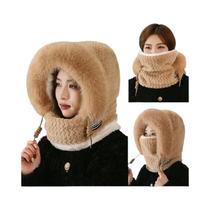 Gorro Térmico De Pelúcia Para Mulheres Com Capuz, Cachecol E Máscara, Proteção Contra Vento Para