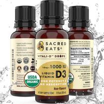 Gotas de vitamina D3 Sacred Eats Organic 1.000 UI/gota para crianças e adultos