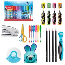 Grampeador Tesoura Marca Texto Canetas Gel Compasso Canetinha Apontador Kit Escolar - Maped
