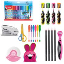 Grampeador Tesoura Marca Texto Canetas Gel Compasso Canetinha Apontador Kit Escolar - Maped
