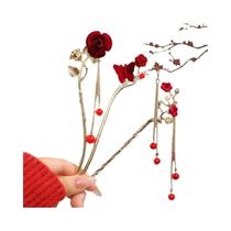 Grampo De Cabelo Com Borla De Rosa Vermelha Para Mulheres, Estilo Chinês Vintage, Acessório De