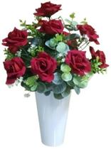 (GRANDE) Arranjo Decorativo De Mesa Grande Rosas Vermelhas Aveludadas Vaso de Flores Artificiais