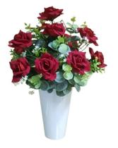 (GRANDE) Arranjo Decorativo De Mesa Grande Rosas Vermelhas Aveludadas Vaso de Flores Artificiais - BONITO DECORA