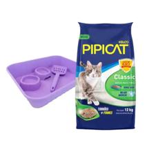 Granulado Sanitário para Gatos Pipicat Classic 12 kg + Bandeja Kit Higiênico Sanitário para Gatos Happy Cat - 1 bandeja 1 Pá e 2 Comedouros - Keldog