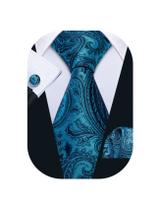 Gravata Barry.Wang Paisley, conjunto de seda azul-petróleo com abotoaduras