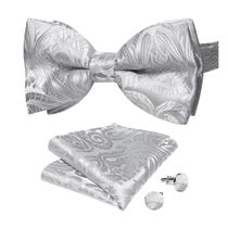 Gravata borboleta DiBangu Silver White Silk Paisley com bolso quadrado