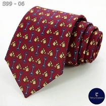 Gravata de Seda Foulard Preta e Marsala Tradicional Larga - 100% Seda