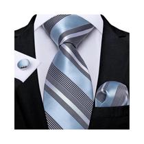 Gravata de Seda Listrada Verde com Abotoaduras e Lenço - Presente para Homens