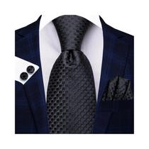 Gravata de Seda Paisley Preta para Homens - Conjunto com Lenço e Abotoaduras Gravata de Seda Paisley Preta para Homens - Conjunto com Lenço e Abotoaduras