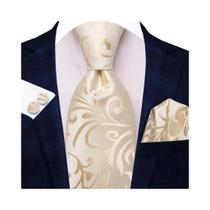 Gravata Masculina Champanhe Floral Paisley Seda Bolso Quadrado Abotoadura Acessório Para Casamento