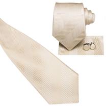 Gravata Seda Clássica Importada Jacquard Paisley pérola com lenço e abotoaduras - Hi- Tie
