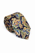 Gravata Slim Azul Marinho Premium em Algodão com Estampa Paisley de Cashmere