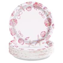 Greencian 50 pratos descartáveis rosa com tema marinho de 25 cm Greencian 50 pratos descartáveis rosa com tema marinho de 25 cm